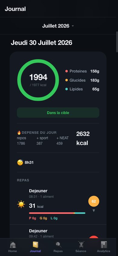 Journal quotidien NexusFit : anneau calories, macros et repas du jour
