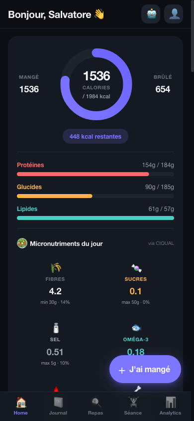 Dashboard nutrition NexusFit : anneau calories, macros et micronutriments